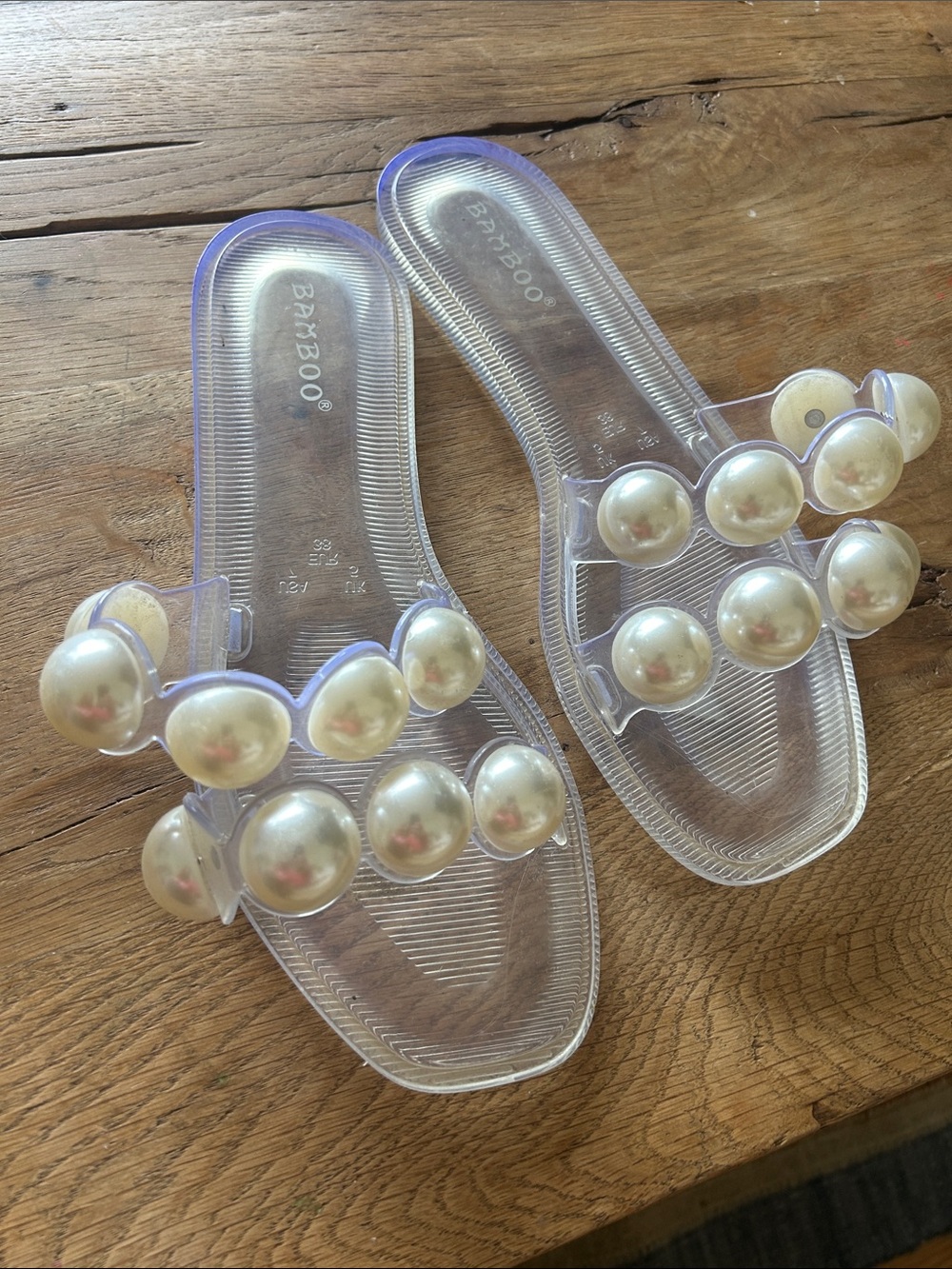BAMBOO Clear Jelly Slide Sandals large Pearl studs  - Cream Pearls bridal 7